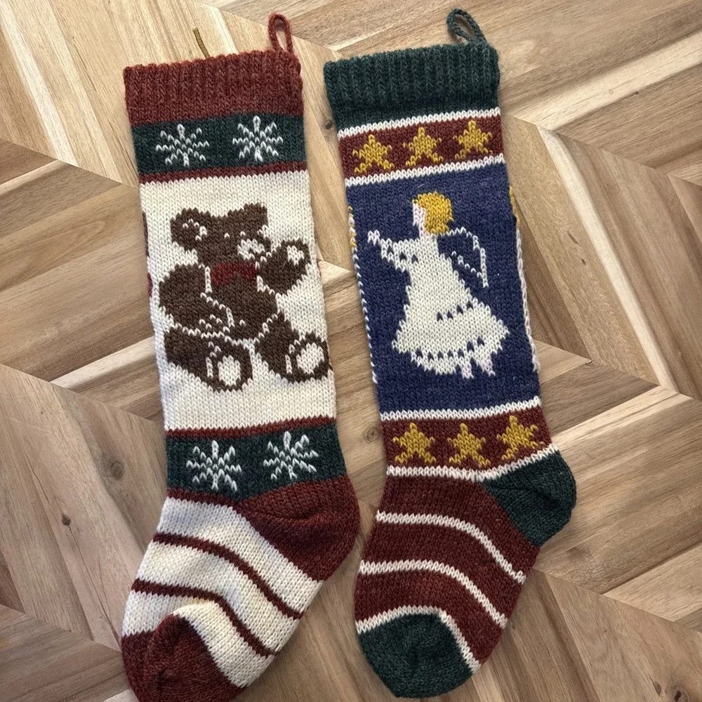 2 VTG XMAS Handknit Wool Chadwick Miller Stockings Angel & Teddy Bear Cottagecor